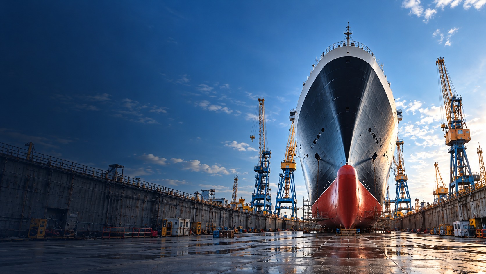 Superyacht in dry dock at a shipyard, daylight