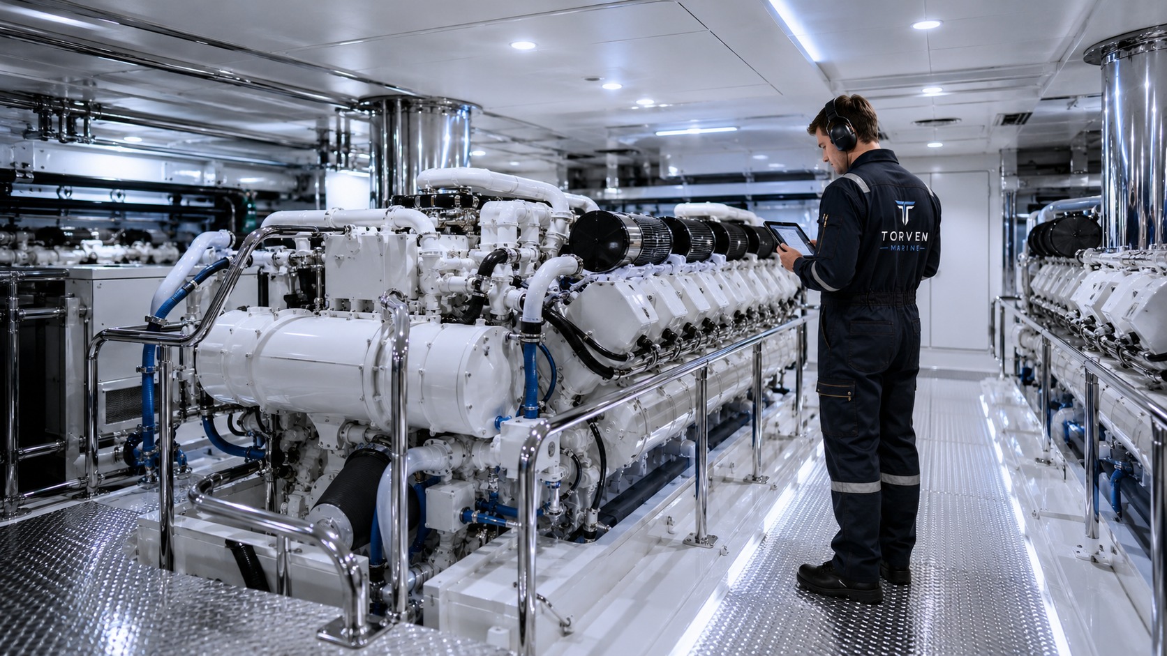 Marine engineer inspecting a main engine bank in the engine room