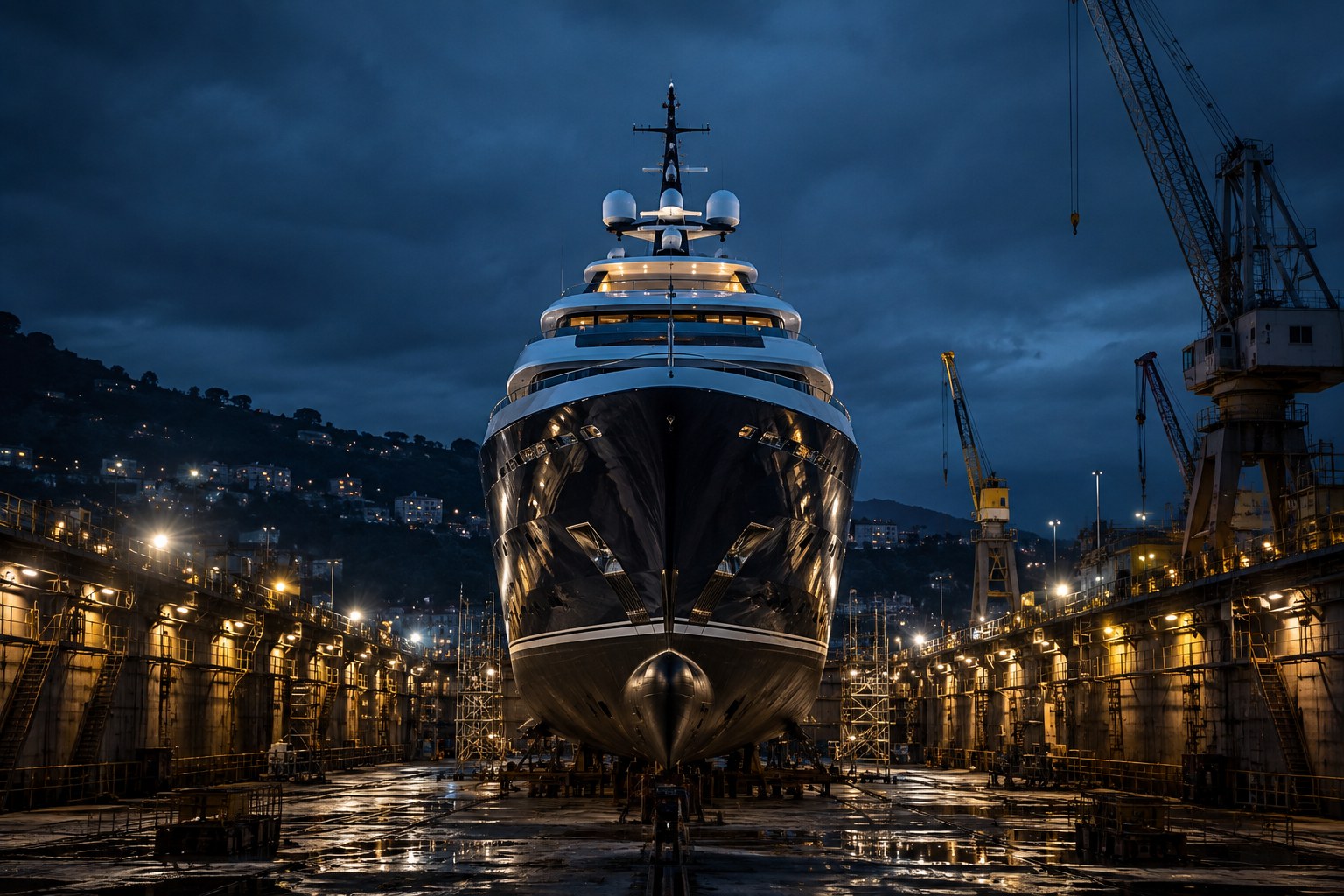 Superyacht in dry dock at a shipyard during commissioning, dusk